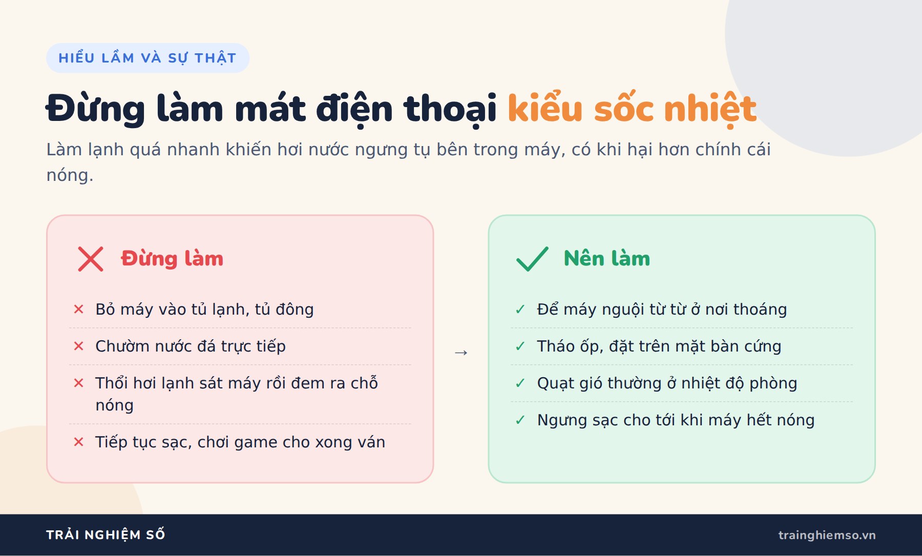 Điện thoại bị nóng: 5 nguyên nhân và cách làm mát đúng Hiểu lầm và sự thật khi làm mát điện thoại: không bỏ tủ lạnh, không chườm đá, nên để máy nguội từ từ
