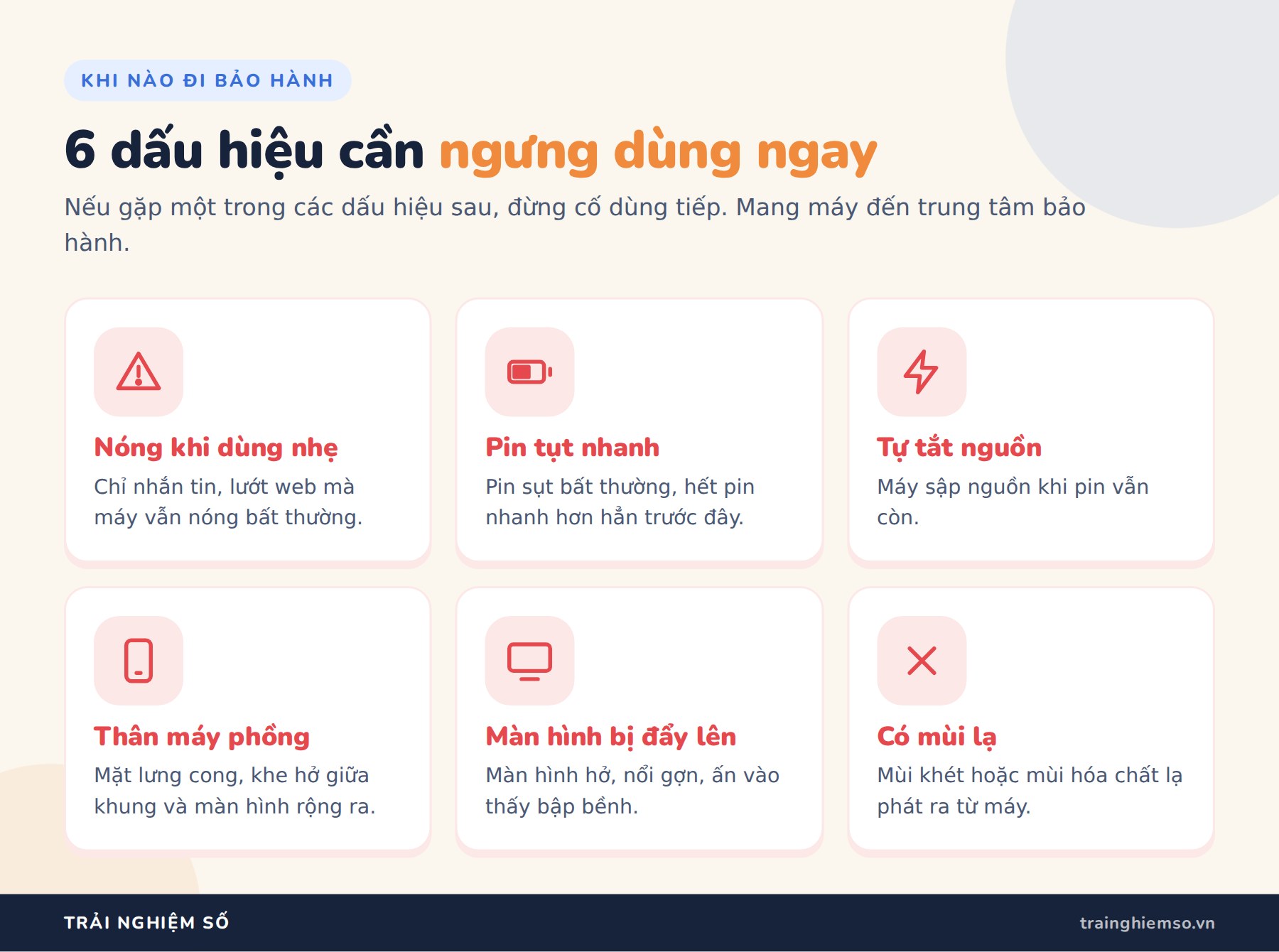 Điện thoại bị nóng: 5 nguyên nhân và cách làm mát đúng 6 dấu hiệu điện thoại cần bảo hành: nóng khi dùng nhẹ, pin tụt nhanh, tự tắt nguồn, phồng máy, màn hình bị đẩy lên, có mùi lạ